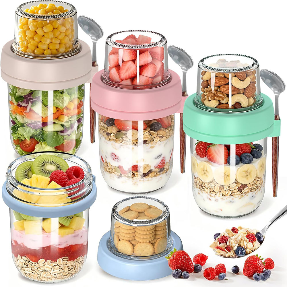 Meal Prep Oatmeal Jars - 뚜껑과 스푼이 포함된 오버나이트 오트밀 용기,